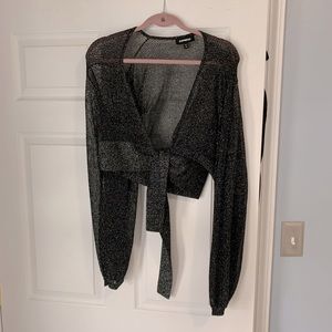 Cute shimmer crop tie sweater!